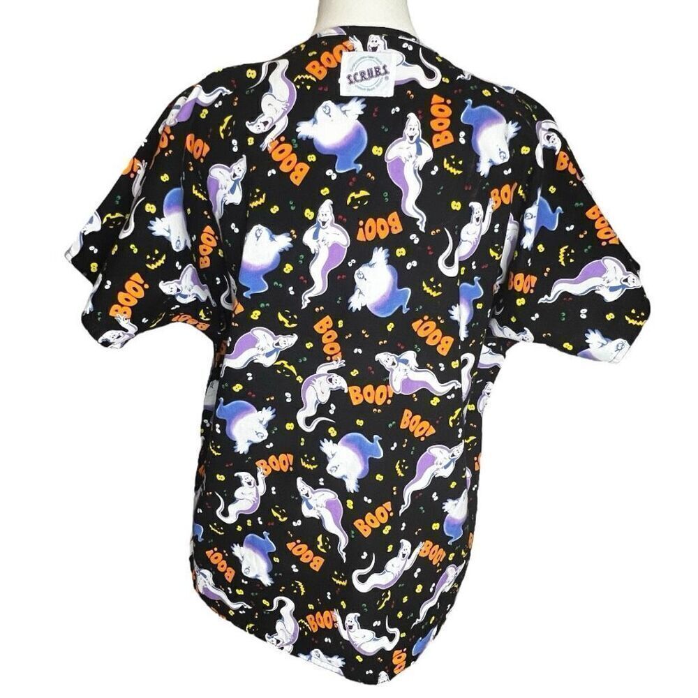 SCRUBS Halloween Friendly Ghosts BOO! Women's Scrub Top Size M - Picture 2 of 4